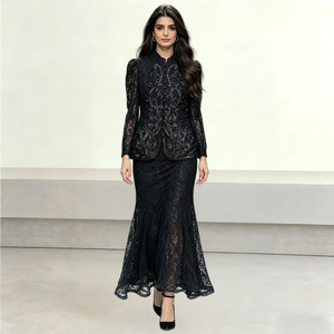 Ensemble élégant noir 2 pièces <span class=keywords><strong>pour</strong></span> <span class=keywords><strong>femme</strong></span> : veste en dentelle perlée et jupe longue sirène <span class=keywords><strong>pour</strong></span> événements formels, invitées de <span class=keywords><strong>mariage</strong></span>, soirées – Tenues modestes - Product Image 1