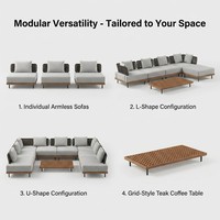 Ensemble de canapés modulaires d'extérieur en teck moderne avec coussins imperméables, résistants aux UV, en rotin PE, design modulaire toutes saisons, OEM disponible