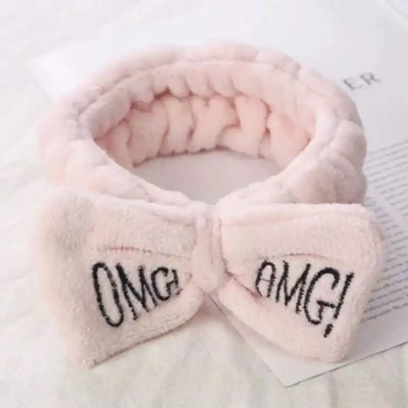 Wholesale girl cute face-washing plush headband with letter bow coral fleece headband