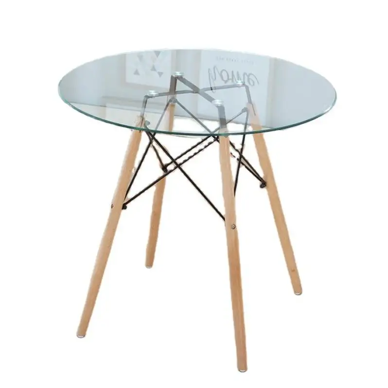 Chất lượng cao phong cách Bắc Âu phong cách thiết kế cổ điển đơn giản kính cường lực hàng đầu khung kim loại bàn ăn với chân gỗ sồi