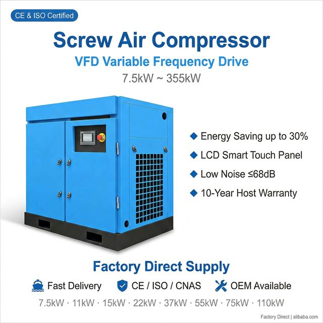 Factory Direct Low Noise Industrial Screw Air Compressor 7.5KW 11KW 15KW 22KW 37KW CE ISO Certified Custom Solution