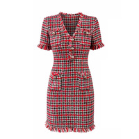 Robe Courte Mini en Tricot Slim Fit pour Femme, Style Français 2026, avec Boutons Strass, Col en V, Manches Courtes et Pompons en Tweed