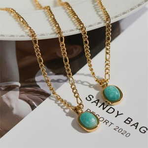 Popular <b>Titanium</b> Steel Mint Green Oval Natural Stone Turquoise Pendant Necklace for Women - Product Image 2