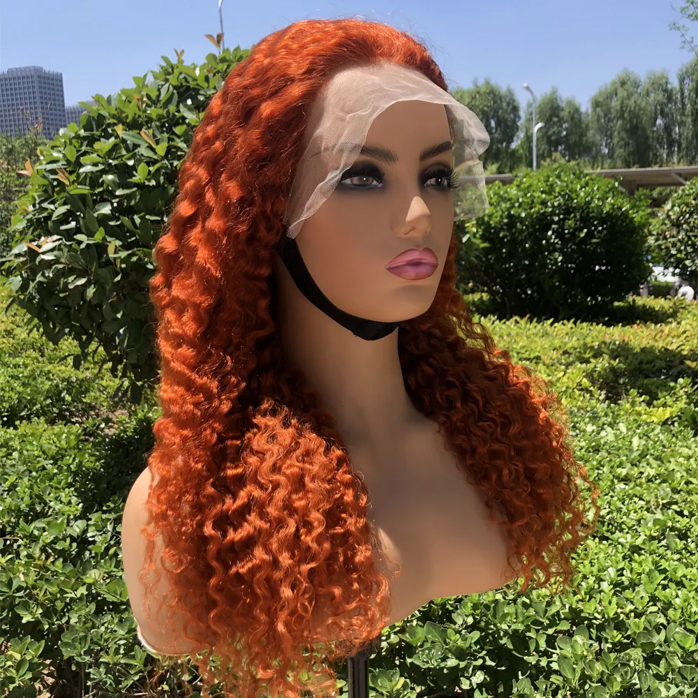 #350 zencefil turuncu brezilyalı Kinky kıvırcık insan saçı 13x4 şeffaf dantel ön peruk siyah kadınlar için tam sırma insan saçı peruk