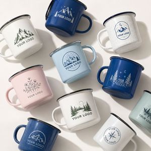 แก้วกาแฟเคลือบลายแคมป์ไฟร์  รักษ์โลก ทนทาน พิมพ์ลายซิลค์สกรีน ขนาด 3 ออนซ์ สีขาว ขอบสีดำน้ำเงิน ของขวัญส่งเสริมการขาย - Product Image 1