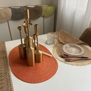 Boho יפן סגנון קש ארוג 50*35cm רמי חום עמיד סגלגל שולחן מפית שולחן אוכל