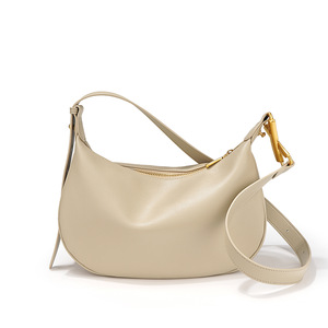 Sac bandoulière demi-lune en cuir véritable personnalisé avec logo pour femme, fermeture éclair classique, couleur unie, style simple, pour le quotidien et les voyages - Product Image 5