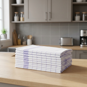 Checkered 100% Cotton Eco-Friendly Kitchen Cleaning <b>Towels</b> Rectangle White with <b>Blue</b> Grid Machine Wash Woven for Household Use - Product Image 1