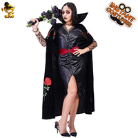 Robe de vampire imprimée de fleurs roses pour femmes, costume de vampire noir pour fête d'Halloween, cosplay pour adultes