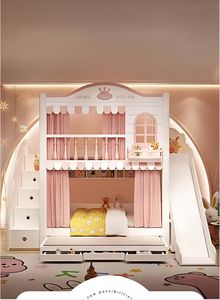 Lit superposé château style moderne pour fille avec rangements et toboggan, en bois massif, confortable pour la maison et l'hôtel - Product Image 3