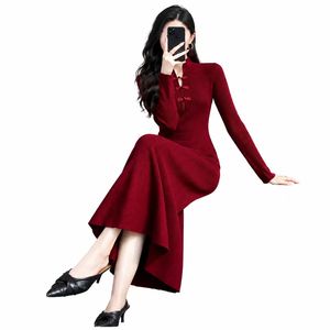 Women's Red Knitted Midi Sweater <b>Dress</b> Long Sleeve Mandarin Collar Fit And Flare Asymmetric Chinese Style Autumn Wear - Product Image 1