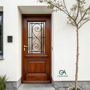 Porte extérieure moderne GA-18G en bois massif avec insert moulé et verre décoratif en fer forgé - Product Image 1