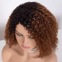 Perruques en cheveux humains Remy bouclés afro avec frange mèches marron/blondes, perruque brésilienne 4A coupe bob pour femmes (couleurs plus foncées)