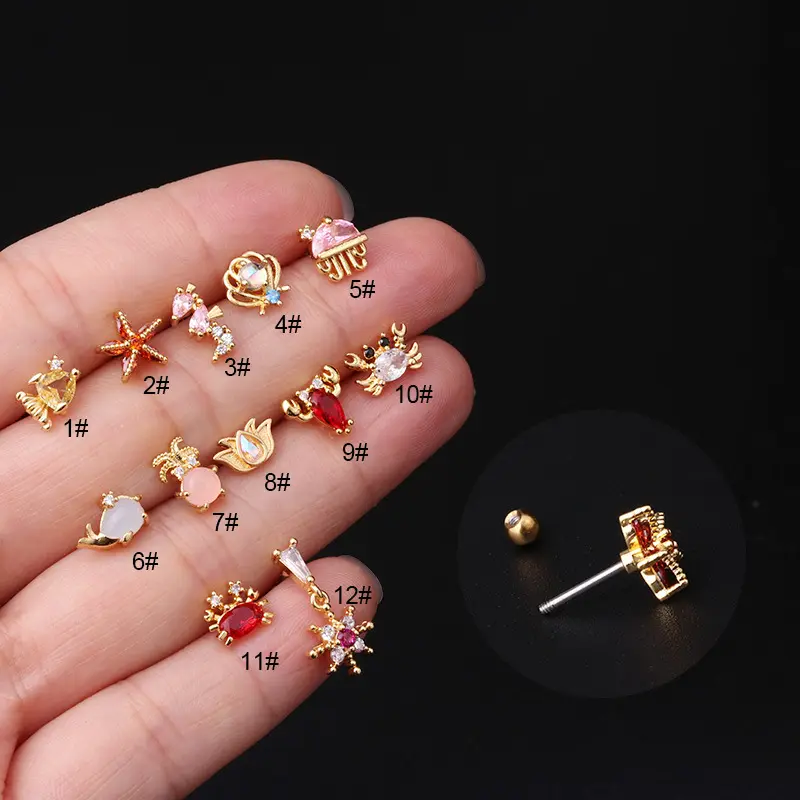 Perhiasan Tren Anting-Anting Tindik Kepiting Paus Lucu Ikan Laut Anting-Anting Tindik Berlapis Emas 18K untuk Wanita