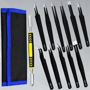 Anti-static ESD tweezers, precision stainless steel pointed curved clips, electronic repair household tools, <b>canvas</b> bag (12 - Product Image 2