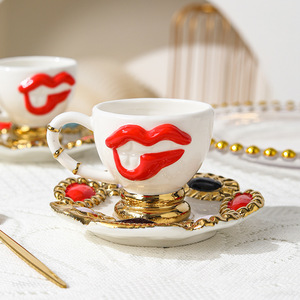 Creative Lip-Shaped Ceramic Coffee <b>Cup</b> & Saucer <b>Set</b>, Stylish Espresso Mug for Home Afternoon <b>Tea</b> Decor & Gift - Product Image 4