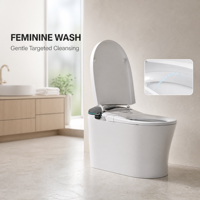 WC intelligent allongé chauffant avec séchage à l'air, fonction lavage féminin, télécommande, à poser au sol, en céramique, design moderne, siphon en P/S