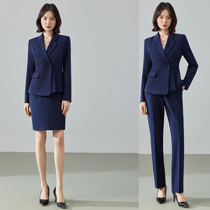 Women's Professional Suit Set Navy Blue Wool Blend Anti-Wrinkle Skirt Pants Option For Office Commute Workwear - Product Image 1