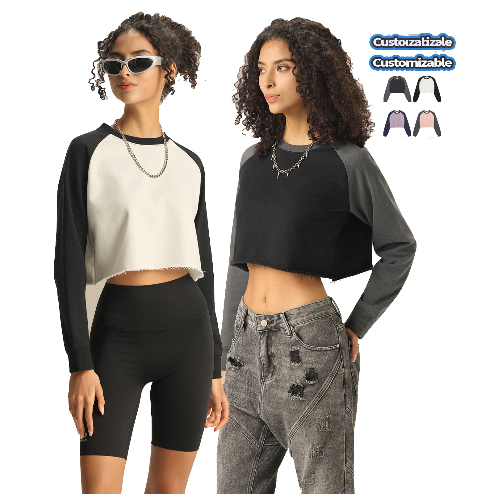 420 Gsm French Terry Fabric Crop top Women T Shirt High Quality Young Girls Long Sleeve Crop top