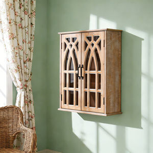 Armadietto da Parete Vintage con Ante Decorative Intagliate, <span class=keywords><strong>Mobile</strong></span> Sospeso in Legno Rustico per <span class=keywords><strong>Bagno</strong></span> e Casa - Product Image 2