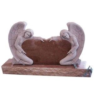 Pierre tombale en granit naturel à prix avantageux, double ange agenouillé, monument funéraire en granit rouge impérial pour cimetière et - Product Image 1
