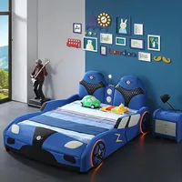 Blue Leather Racing Car Shape Kids Sports Car Bed for Boys Bedroom Furniture
