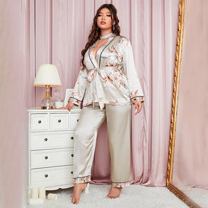 Femmes de luxe grand pyjama en Satin de soie fleur pantalon à manches longues grande taille Robe de pyjama 2 pièces ensemble adapté aux femmes obèses - Product Image 3