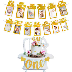 Celebrazione del compleanno del bambino ha fissato il primo compleanno 12 mesi bandiera d'oro bandiera del partito Set di decorazione della parete della foto con Topper della torta - Product Image 3