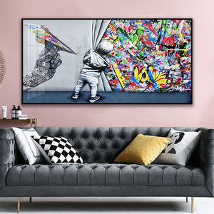 Pittura su porcellana <span class=keywords><strong>di</strong></span> cristallo Pop art dietro la tenda e aeroplano <span class=keywords><strong>di</strong></span> carta stampe su tela <span class=keywords><strong>Banksy</strong></span> Graffiti Wall Art per la decorazione domestica - Product Image 5
