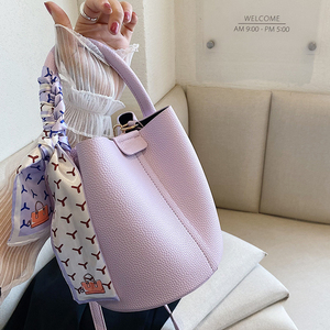 Pebbled Leather Bohemian Bucket Handbag with Scarf Removable Cross-Body Strap Large Capacity Women's Daily Use Shoulder <b>Purse</b> - Product Image 4