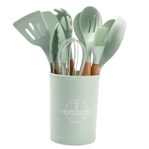 Set di 12 Utensili da Cucina Ecologici con Manici in Legno e Silicone, Spatola e Cucchiaio per Cucinare, Sicuri per Alimenti e Microonde - Product Image 1