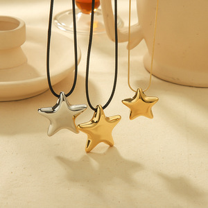 Star Pendant Necklace <b>Titanium</b> Steel 18K Gold Silver Waxed Cord <b>Chain</b> For Women Fashion Jewelry - Product Image 1