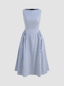 Abito Midi <span class=keywords><strong>a</strong></span> <span class=keywords><strong>Righe</strong></span> <span class=keywords><strong>Blu</strong></span> <span class=keywords><strong>e</strong></span> Bianche Senza Maniche per Donna, <span class=keywords><strong>Vestito</strong></span> Estivo Casual con Scollo <span class=keywords><strong>a</strong></span> Barca <span class=keywords><strong>e</strong></span> Linea ad <span class=keywords><strong>A</strong></span> per Signore - Product Image 5