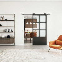 Porte coulissante double intérieure de haute qualité, 6 panneaux, avec plinthe, style loft, en acier noir et verre, cadre en fer cannelé avec verre