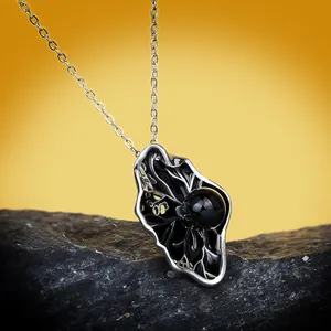 Set perhiasan Enamel anting kalung cincin daun teratai buatan tangan hitam desain unik untuk wanita