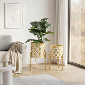 Pots <span class=keywords><strong>de</strong></span> fleurs modernes, ensemble <span class=keywords><strong>de</strong></span> 2 grands pots avec support, pots décoratifs, pots en métal avec trous <span class=keywords><strong>de</strong></span> drainage <span class=keywords><strong>pour</strong></span> le <span class=keywords><strong>salon</strong></span> - Product Image 1