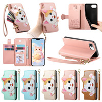 Étui en cuir intelligent 3D mignon avec rabat pour iPhone 7/8 Plus/XR/11/12 Promax avec cordon, housse de protection pour téléphone portable