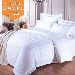 Bed Set Cotton Customized Logo 100% Cotton White Bed Linen 3cm Striped Hotel Bedding Set