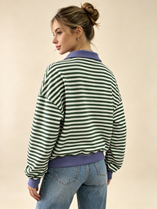 Women Striped Color Contrast <b>Polo</b> Collar Sweatshirt Long Sleeve Drop Shoulder Loose Oversized Pullover Tops - Product Image 3