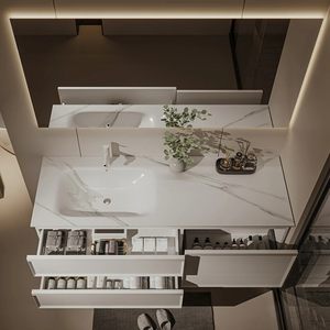 Modern Minimalist White Floating Bathroom Vanity Marble <b>Sink</b> Cabinet with Smart LED Mirror <b>Storage</b> Drawers - Product Image 6