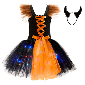 Jupe <span class=keywords><strong>de</strong></span> sorcière magique à éclairage <span class=keywords><strong>LED</strong></span> pour Halloween, <span class=keywords><strong>bandeau</strong></span>, vêtements <span class=keywords><strong>de</strong></span> carnaval pour enfants, chauve-souris, citrouille, sorcière, robe tutu - Product Image 4