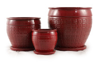 Ensemble de pots à fleurs en céramique émaillée, écologiques, durables, rouge bordeaux brillant, texture en rotin tressé, pour l'intérieur et l'extérieur, jardin