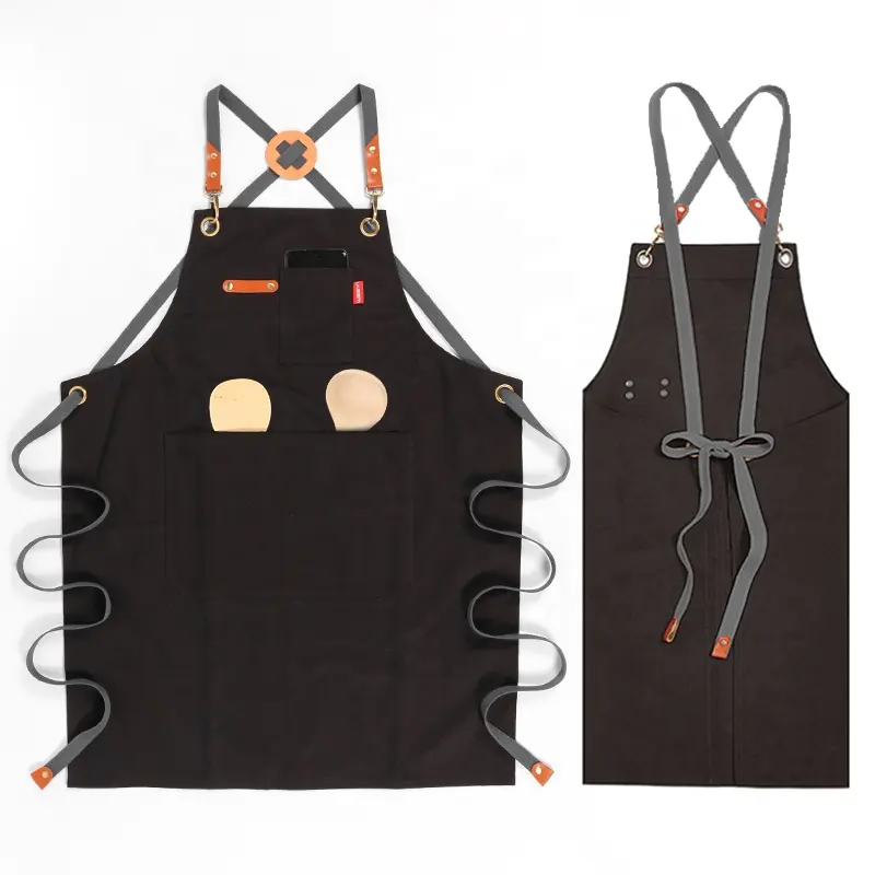 CHANGRONG Cotton Canvas Cross Back Apron custom logo Men Women Chef Waiters Artists Barista Cafe Shop Bar Restaurant Work Apron