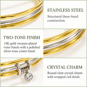 Bracelet jonc en acier inoxydable avec trois bandes de cristaux dorés et argentés - Product Image 3