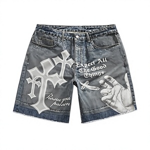 <b>Men's</b> Casual Wide Leg Graphic Print Denim <b>Shorts</b> 100% Cotton Loose Fit Washed Streetwear <b>Knee</b> <b>Length</b> Jean <b>Shorts</b> - Product Image 6