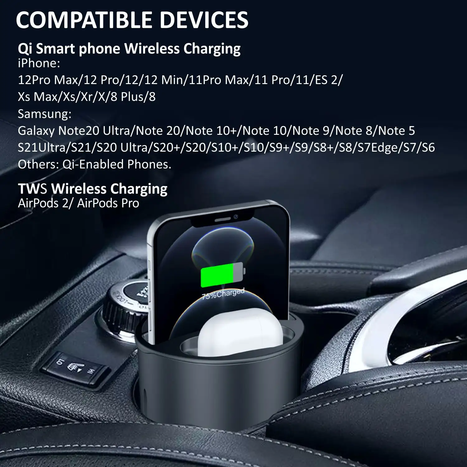 Багатофункціональний Бездротове Зарядний Пристрій 4в1 В Автомобільній Чашці для 2 мобільних телефонів, airpods, apple watch