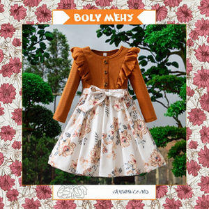 Vestido de Princesa de Tafetán con Volantes Florales, Cuello Redondo y Manga Larga para Niñas de 3 a 7 Años, Otoño 2026, en Rosa y Marrón - Product Image 2