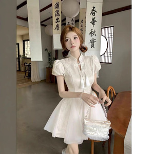 Traditional Chinese Dress Women Light Pink Short Sleeve Solid Color Splicing Irregular Party Dress Polyester Fabric - Product Image 3