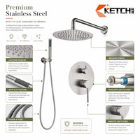 Système de douche moderne en acier inoxydable nickel brossé avec pommeau de douche pluie, douchette à main et mitigeur avec inverseur