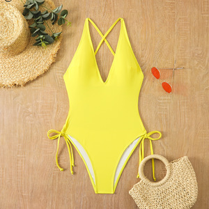 Maillot de bain une pièce pour femme, couleur unie, à nouer dans le dos, jaune, SMLXL, polyester, maillot de bain de compétition - Product Image 1